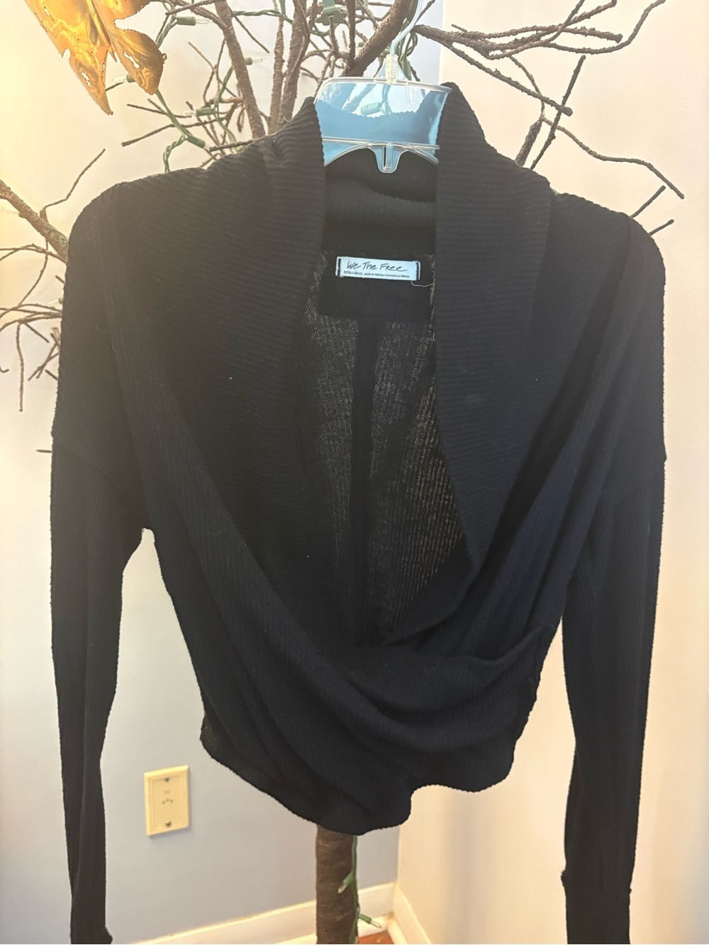 We The Free Black Draped Shawl-Collar Open-Front Cardigan